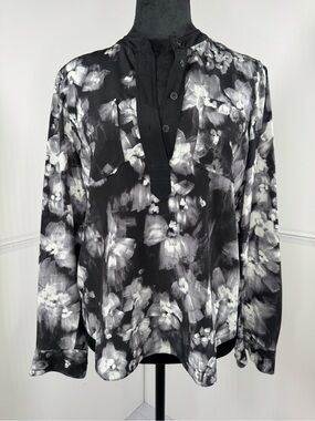 Rebecca Taylor 100% Silk Black Gray Floral Long Sleeve Popover Blouse Size 4